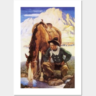 Cowboy Watering His Horse by NC Wyeth Posters and Art